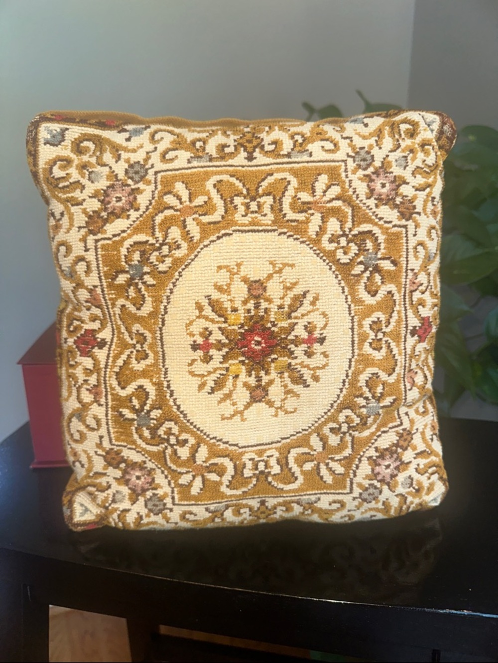 Vintage Tapestry Pillow in Gold, Cream and Red Floral Medallion